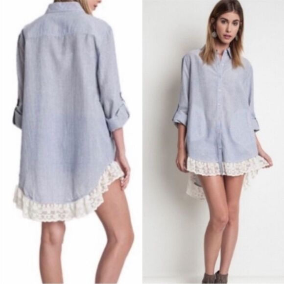 Umgee Cotton Blend Beige White Stripe Lace Trim Button Front Shirt XL - Picture 4 of 15